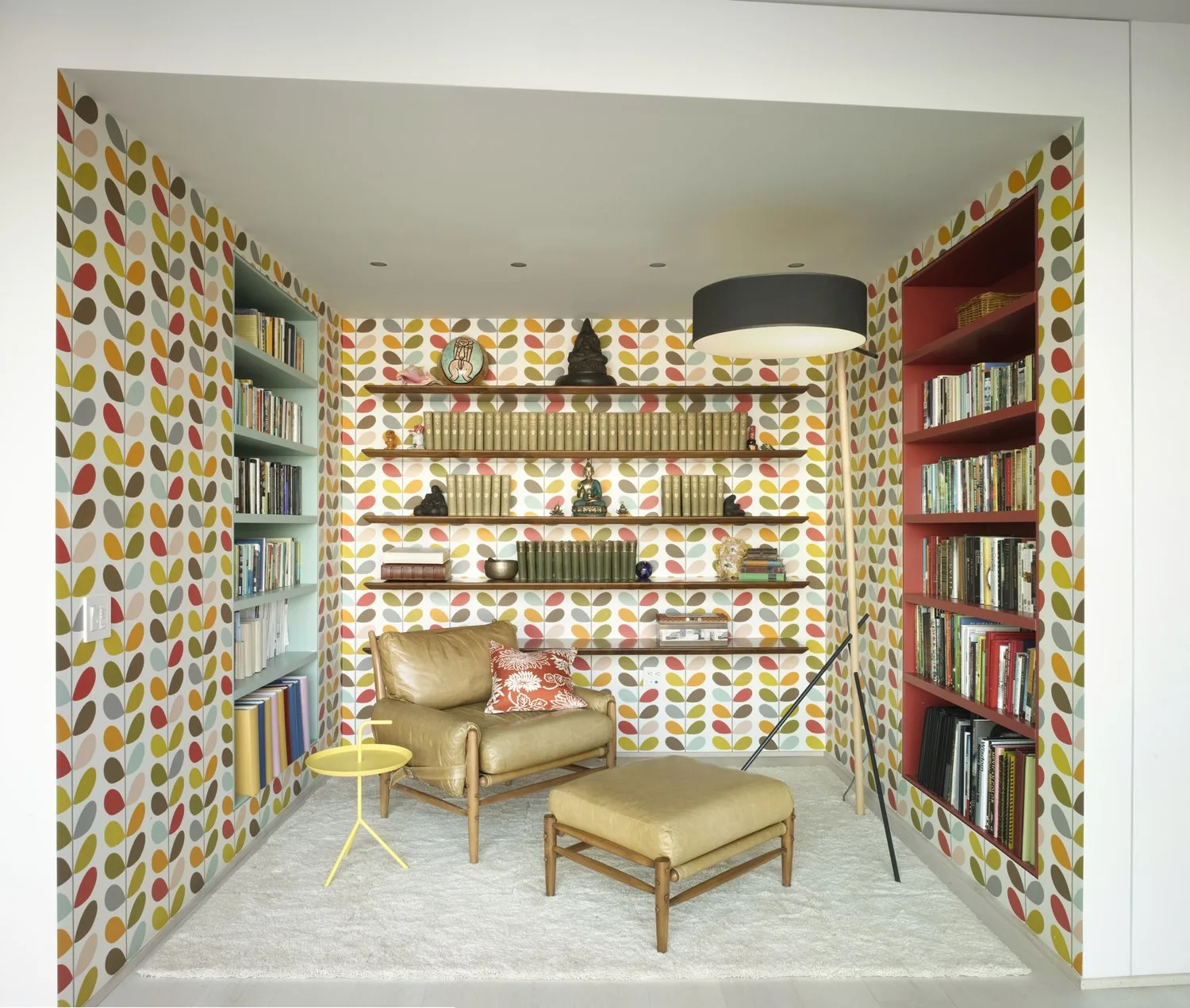 STUDY, wallpaper, bookshelves, leather arm chair
