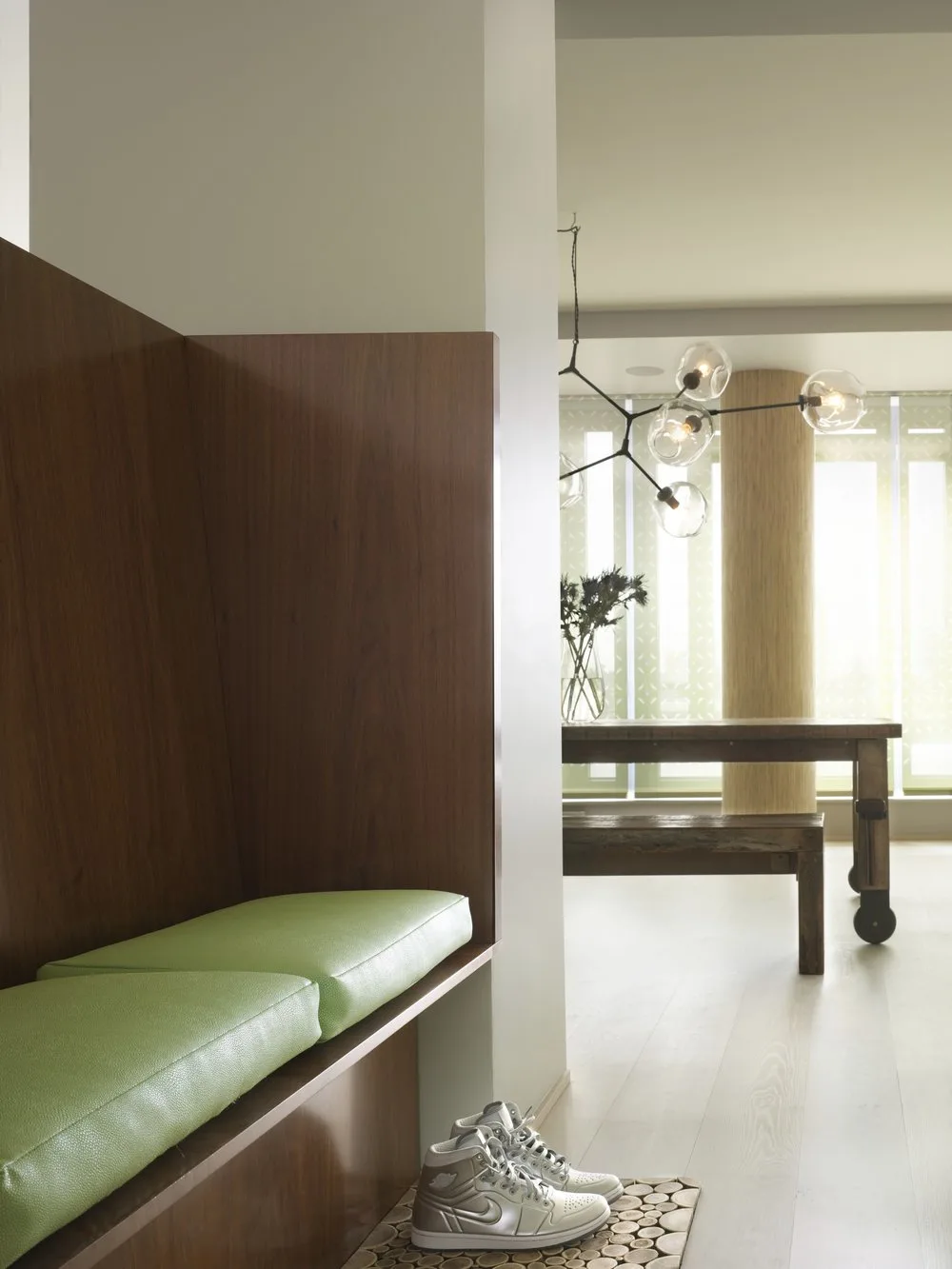 BENCH, green cushions, wood, shoe mat