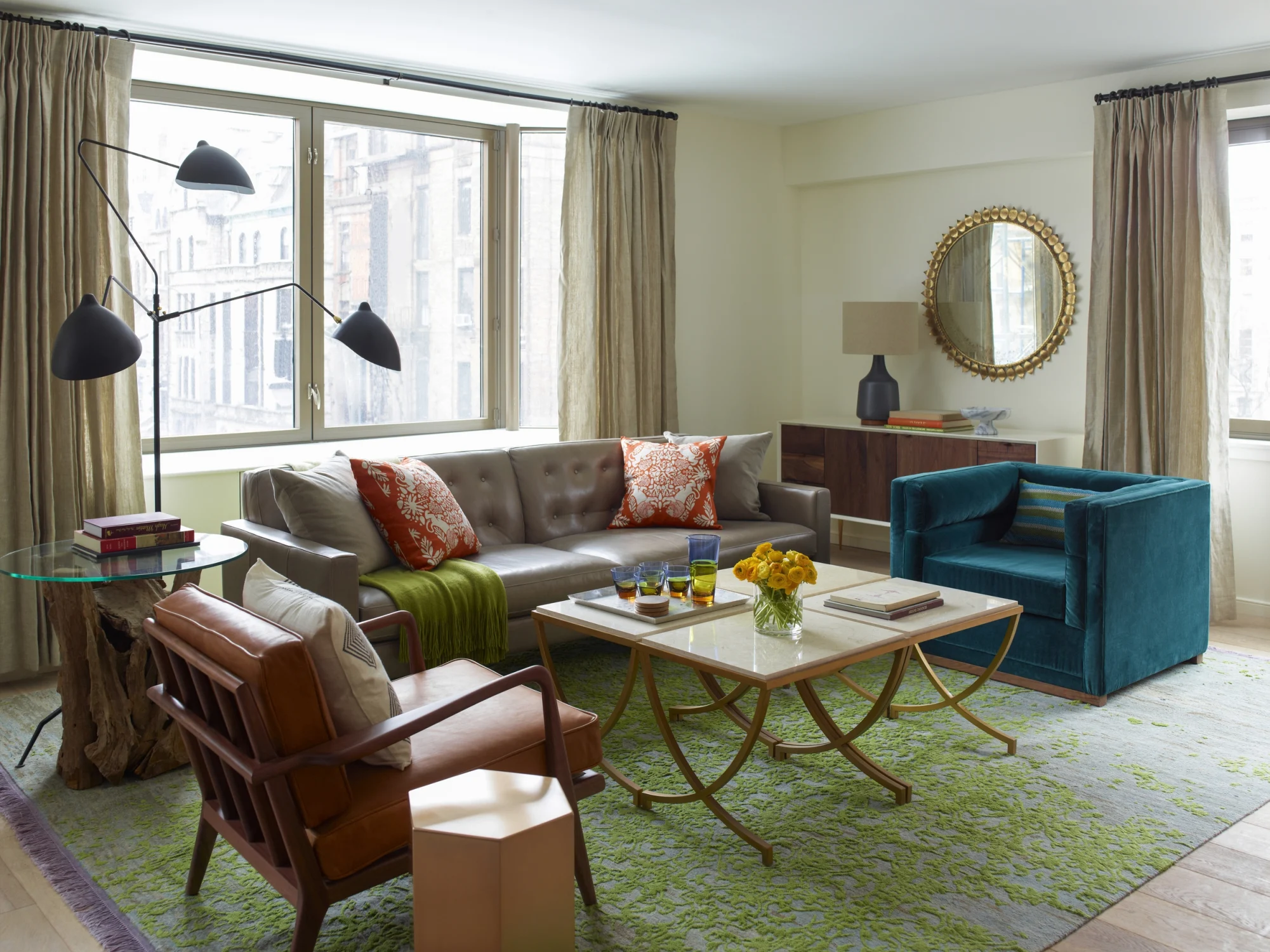 living room, windows, sofa, rug, mirror, lights, chairs, pillows, curtains, vanity