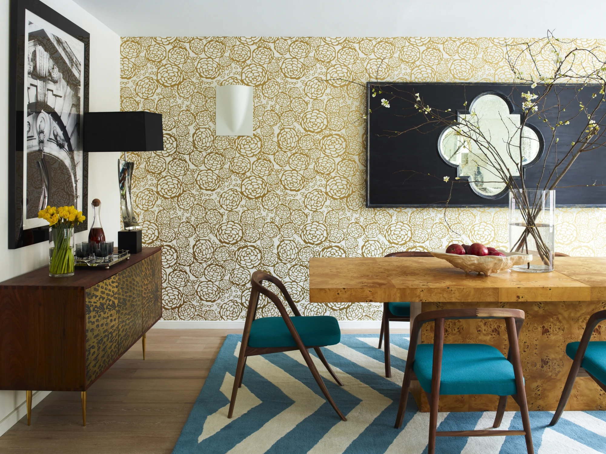 dining room, art, wallpaper, wooden table, vanity, chairs, dining table, frame, table light,flowers