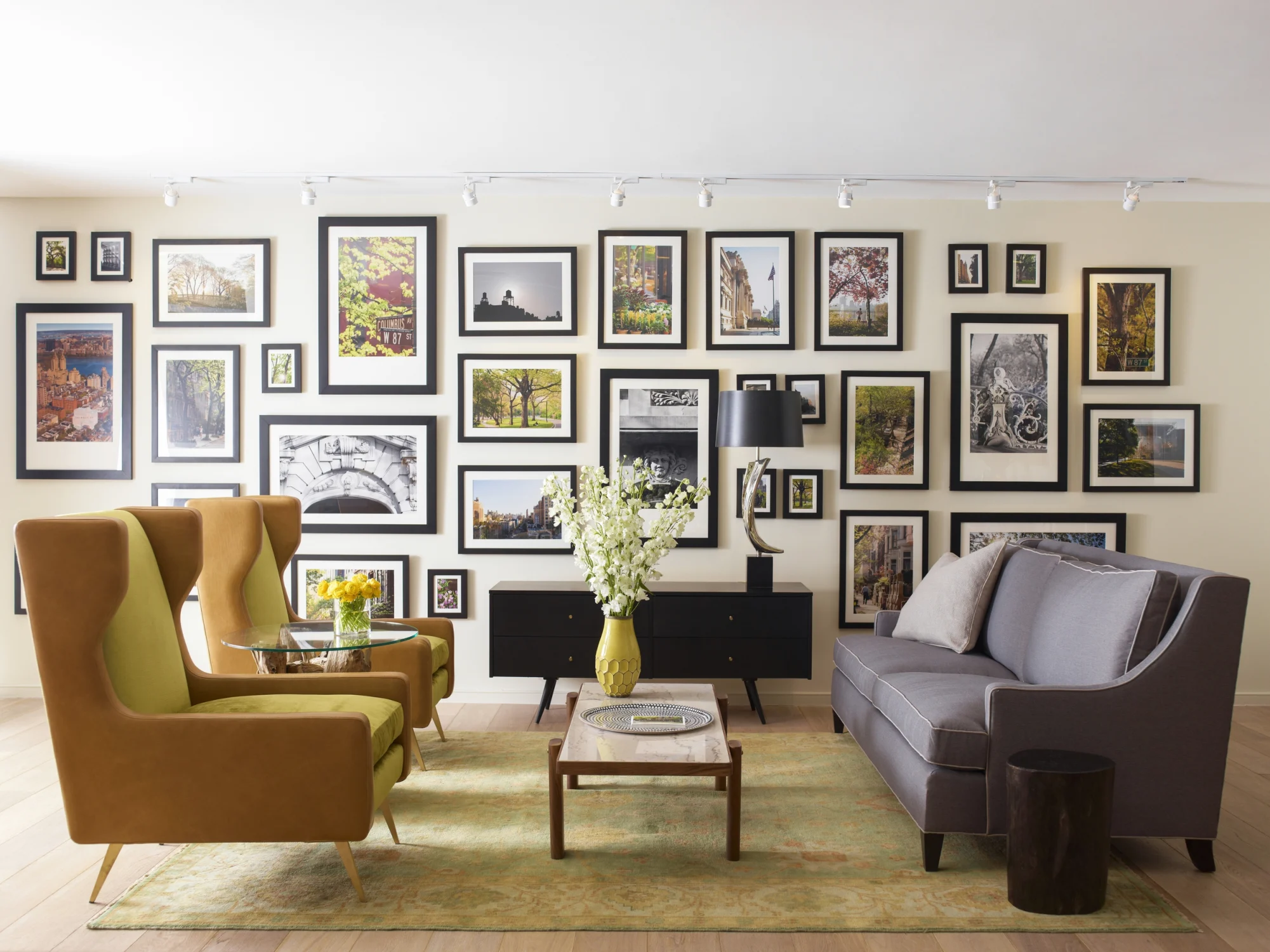 study, picture wall, seating area, frames, pictures,plants, stool, carpet, wood, pillows
