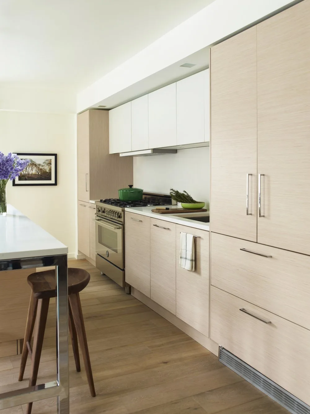 kitchen, cabinets, stool, oven, frame, flowers, pot, wood, steel, sink
