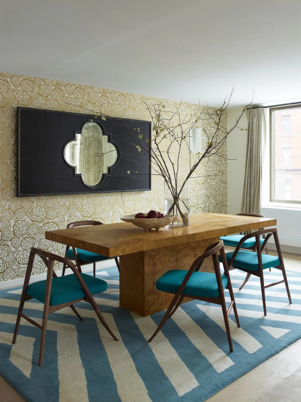 dining room, wallpaper, rug, mirror, dining table, chairs, wood, windows, patterns,curtains