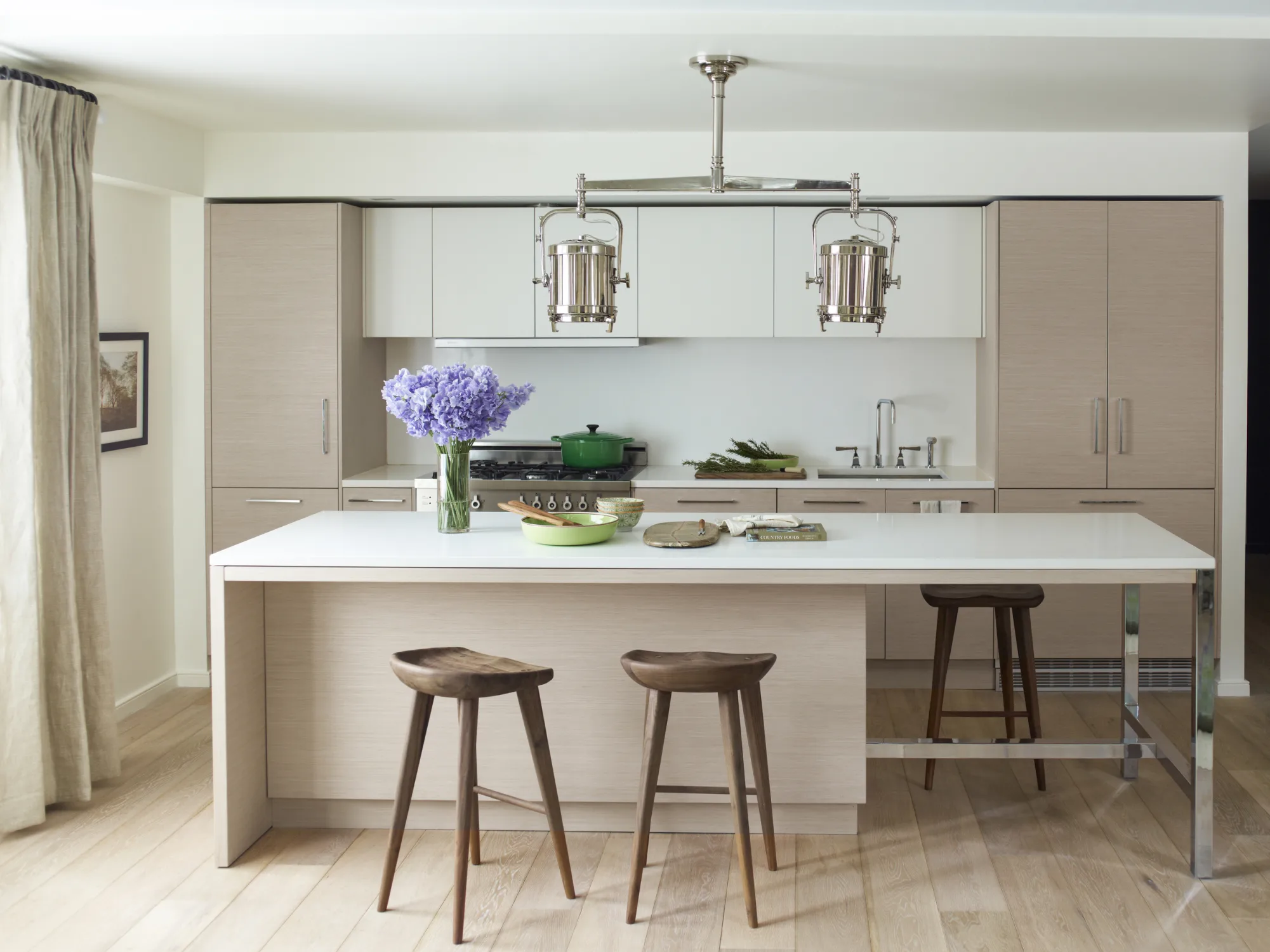 kitchen, pink, stools, counter, counter, stool, curtains, wood, flowers, frame