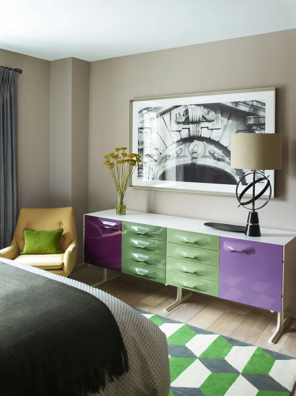 bedroom, dresser, art, green, blanket, rug, art frame, table lamp, flowers, chair