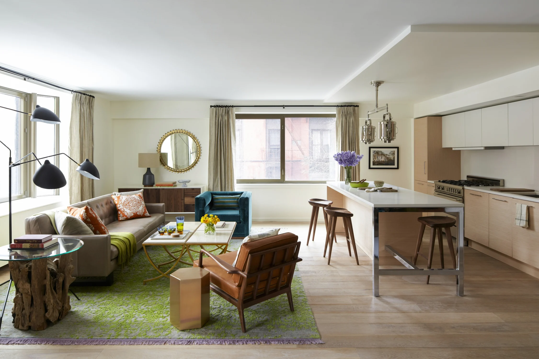 loft, kitchen, seating area, windows, rug, flower, frame,table,mirror, curtains