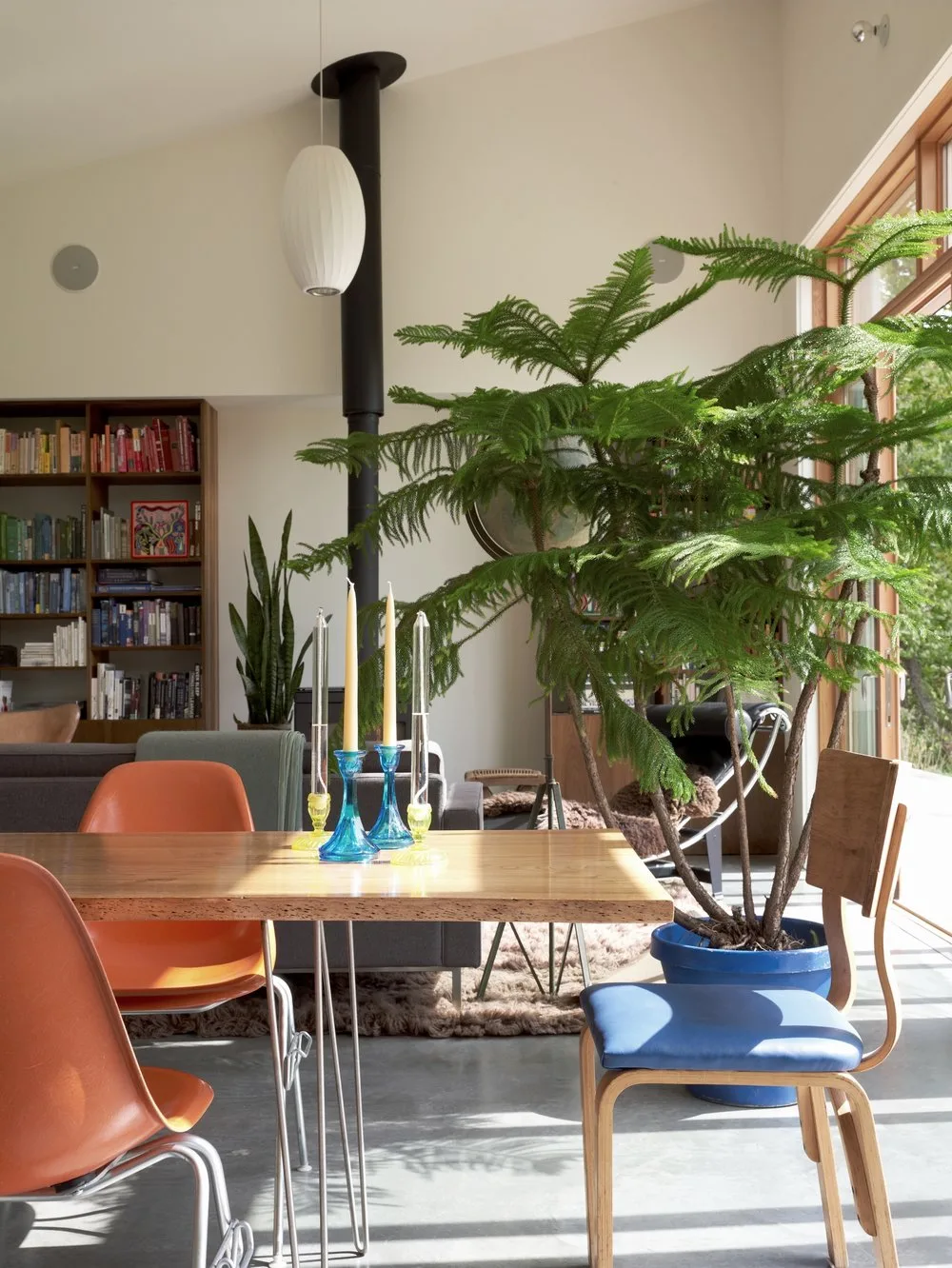 FAMILY ROOM, dining table, bookshelves, glass doors