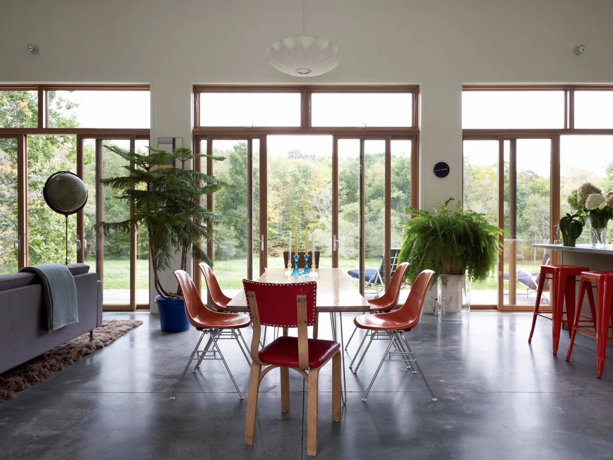 WINDOWS, glass doors, dining table, paper chandelier