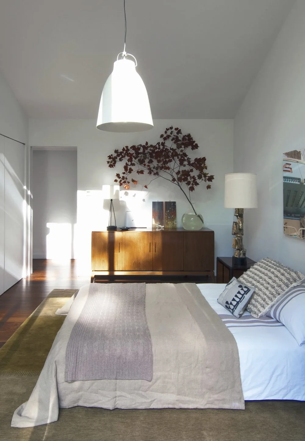 BEDROOM, credenza, plants, chandelier