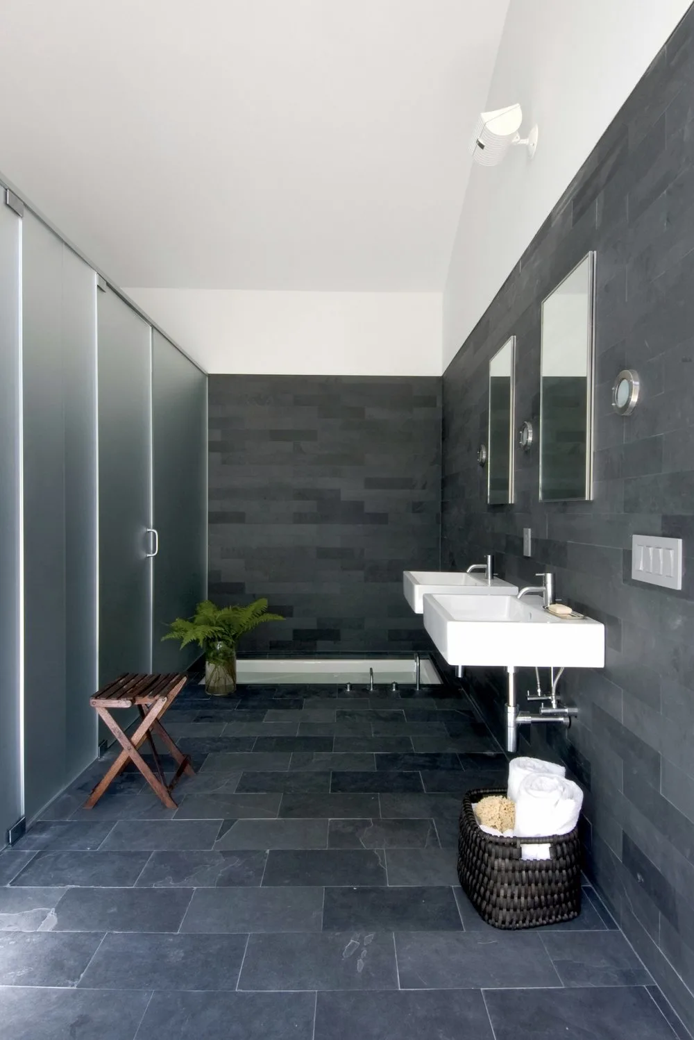 BATHROOM, marble tiles, black, shower, double sinks