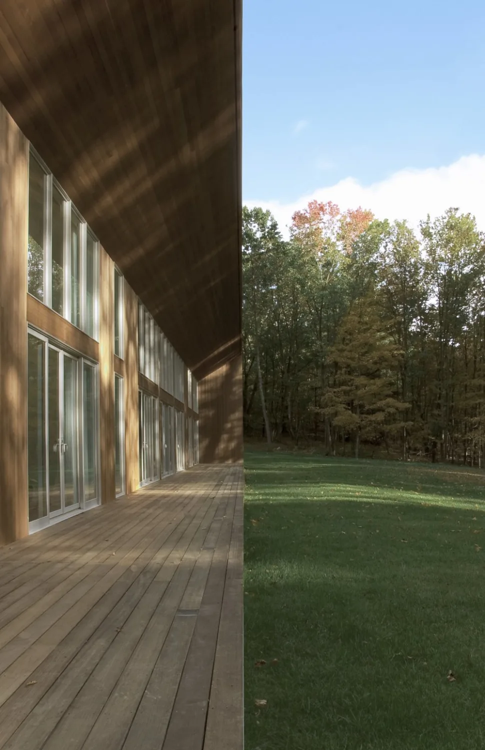 DECK, wood, glass doors, lawn