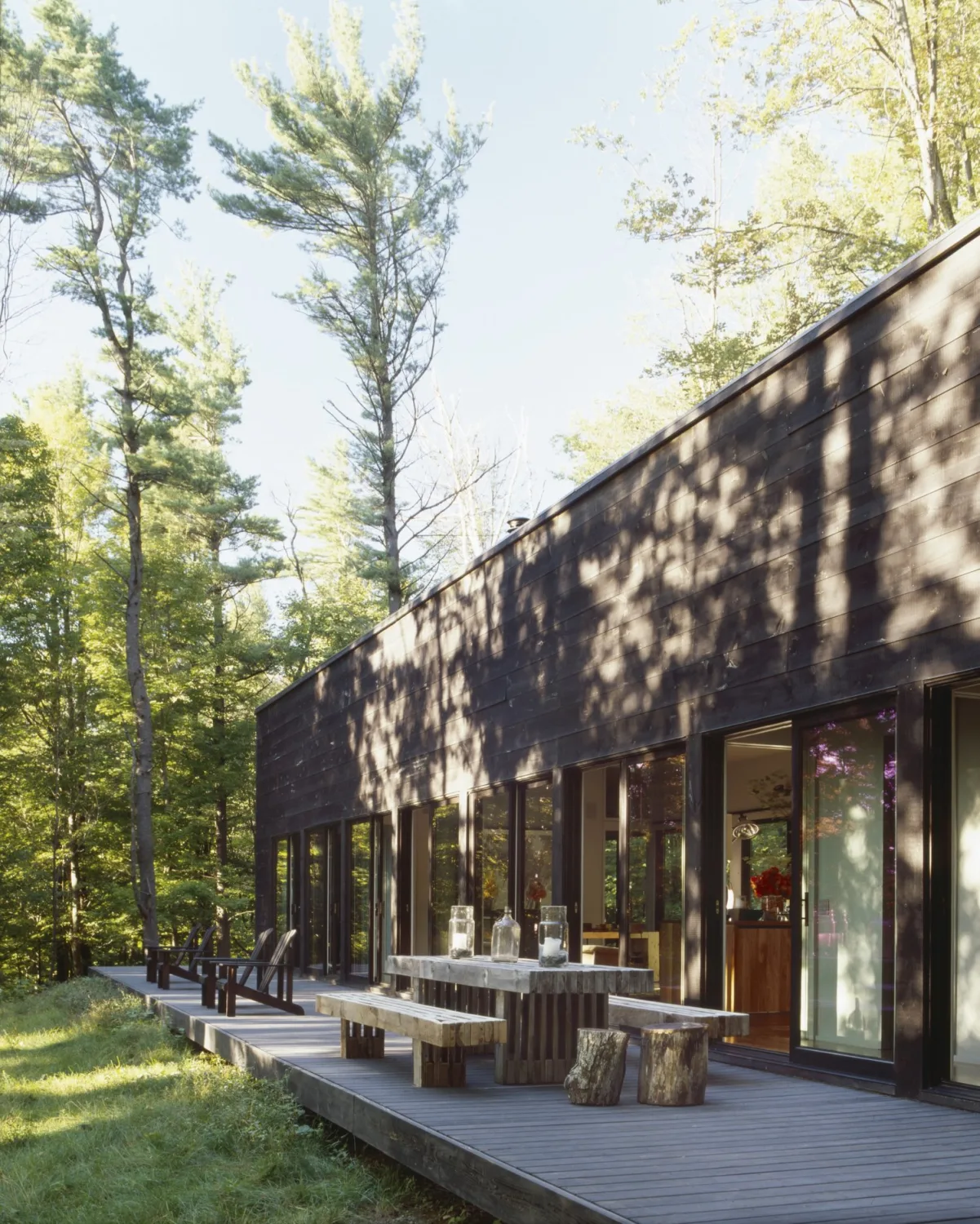 DECK, dining table, glass doors, adirondack chairs