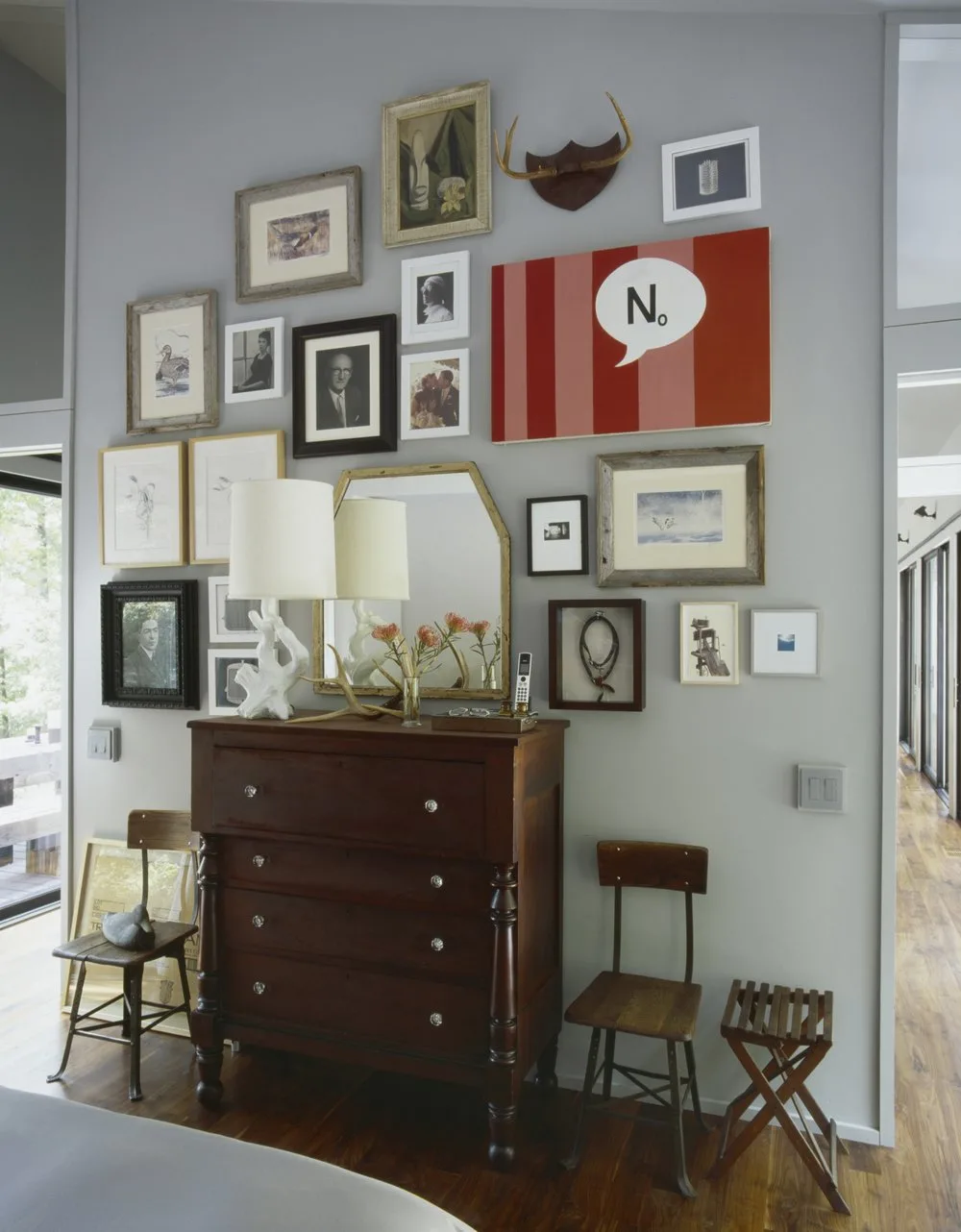 BEDROOM, dresser, art, wood chairs
