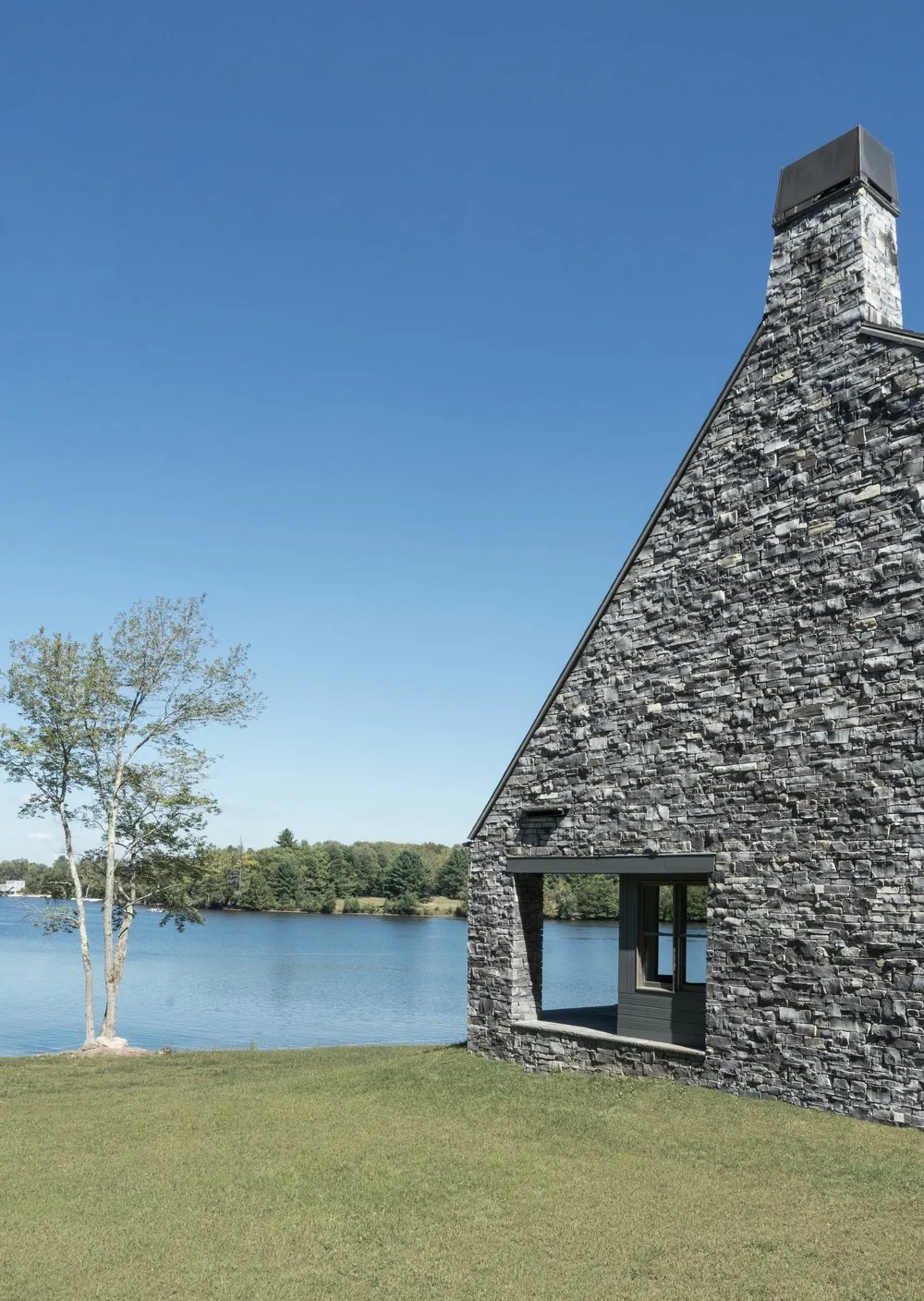 SIDE, stone, masonry, lawn, lake, opening, chimney