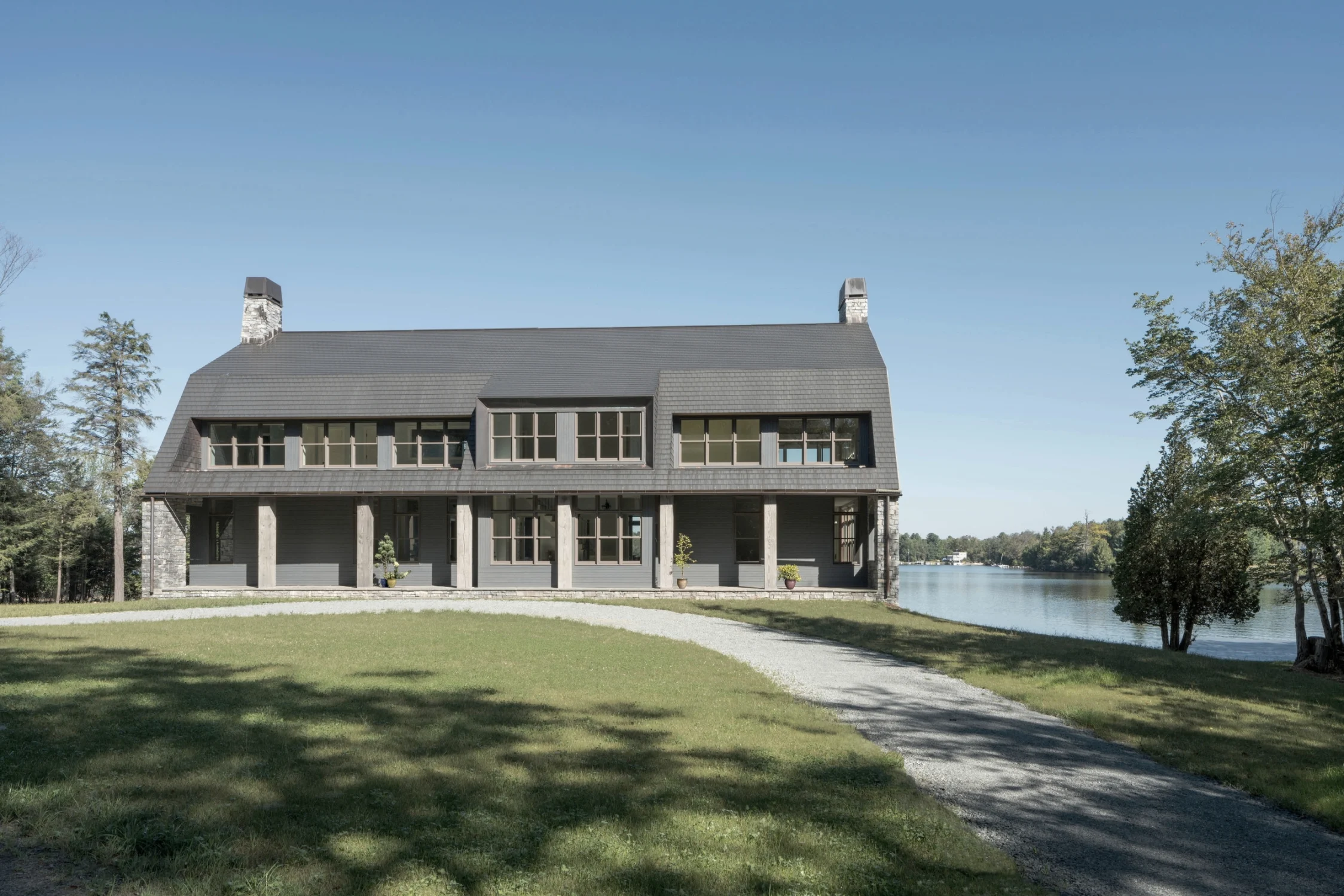 ENTRY VIEW, front facade, driveway, exterior, gray, stone, lawn, porch