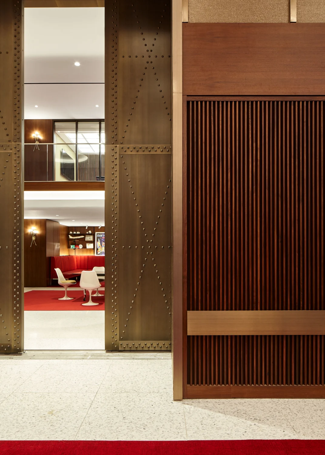 sliding doors, brass, wood panels