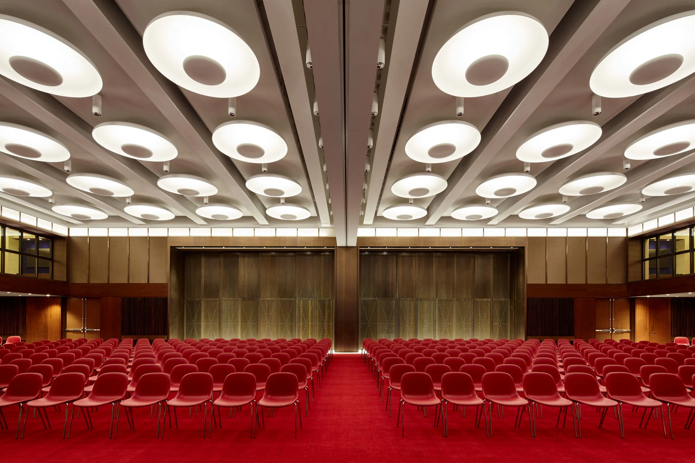 auditorium, brass, red, seating