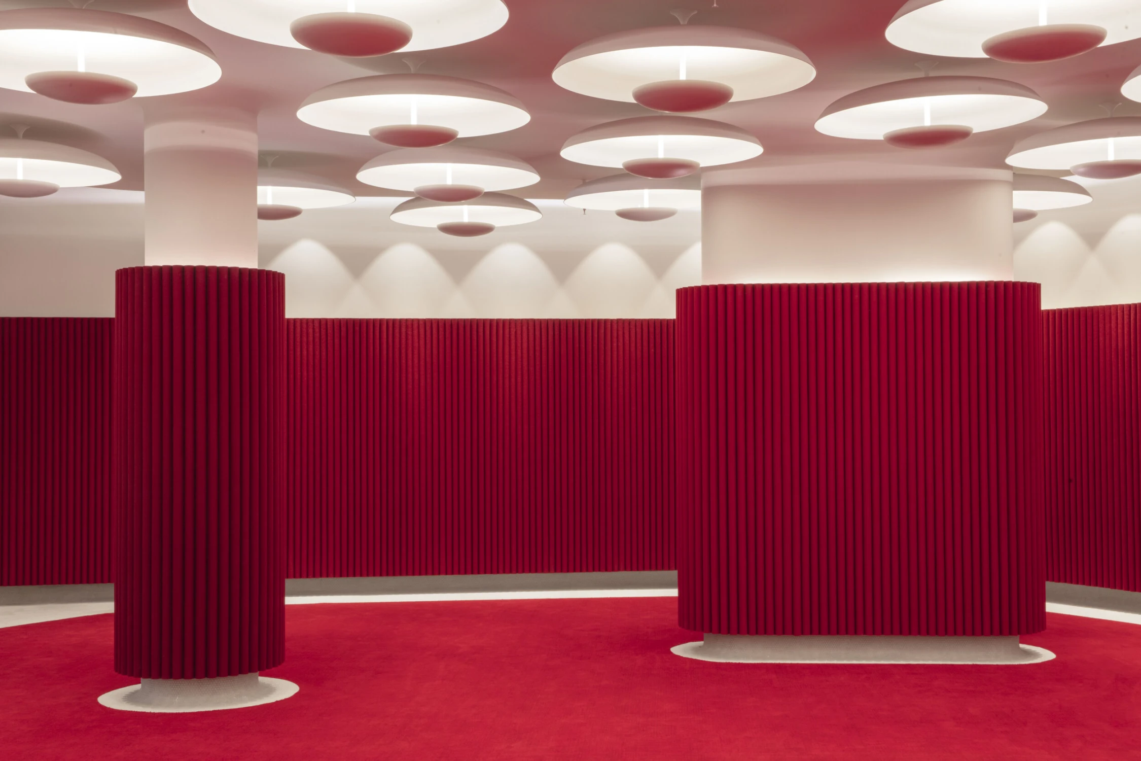 BALLROOM, columns, red, carpet, circle lights
