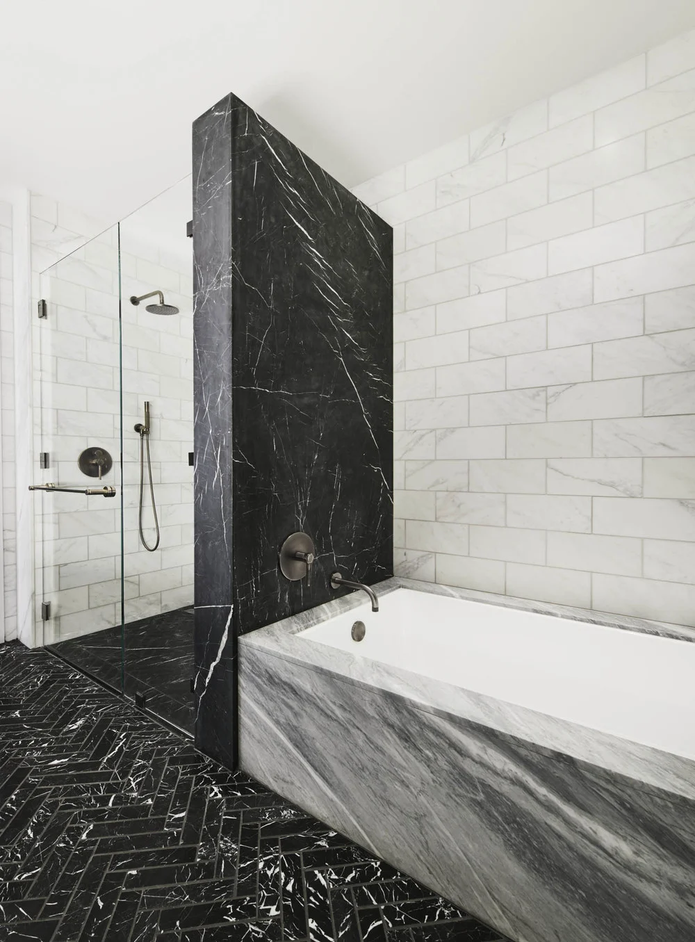 bathtub, marble, shower, white, gray, black, tiles
