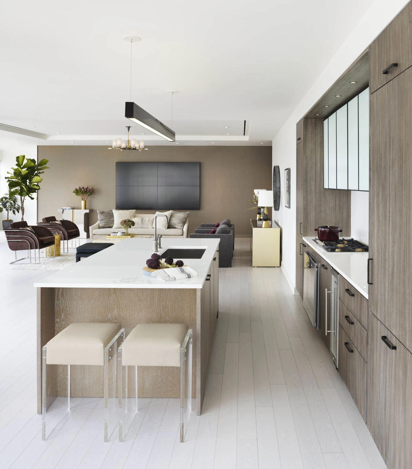 KITCHEN, counter, island, stools, living room, plants, hanging lights, credenza,