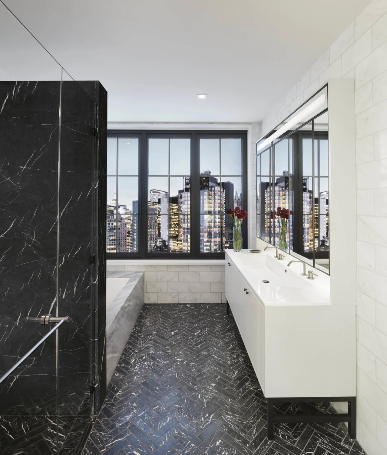 PRIMARY BATHROOM, marble, tile, skyline, windows, flowers, sink, vanity, lighting