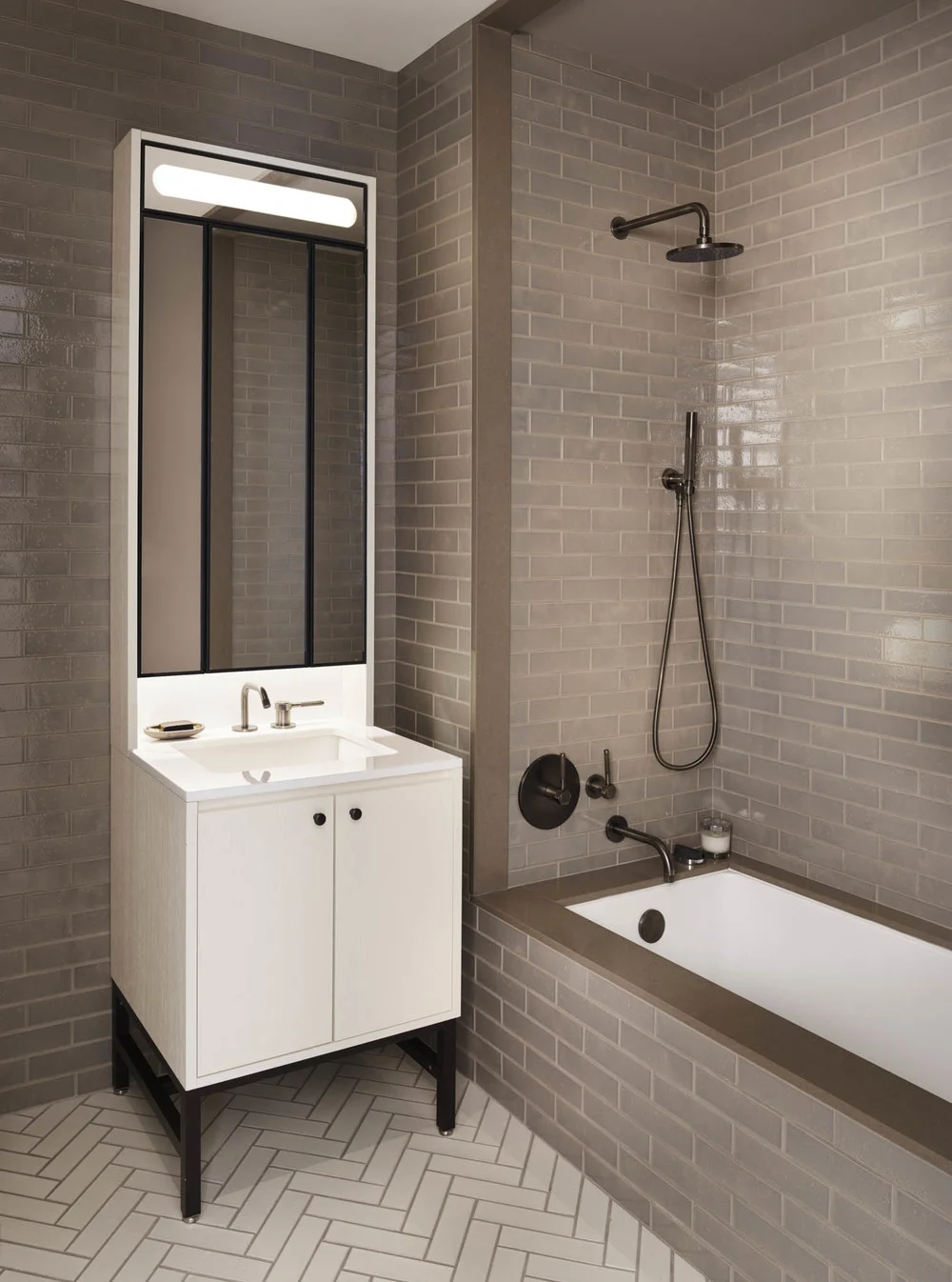 BATHROOM, tiles, shower, bathtub, sink, mirror, vanity, beige