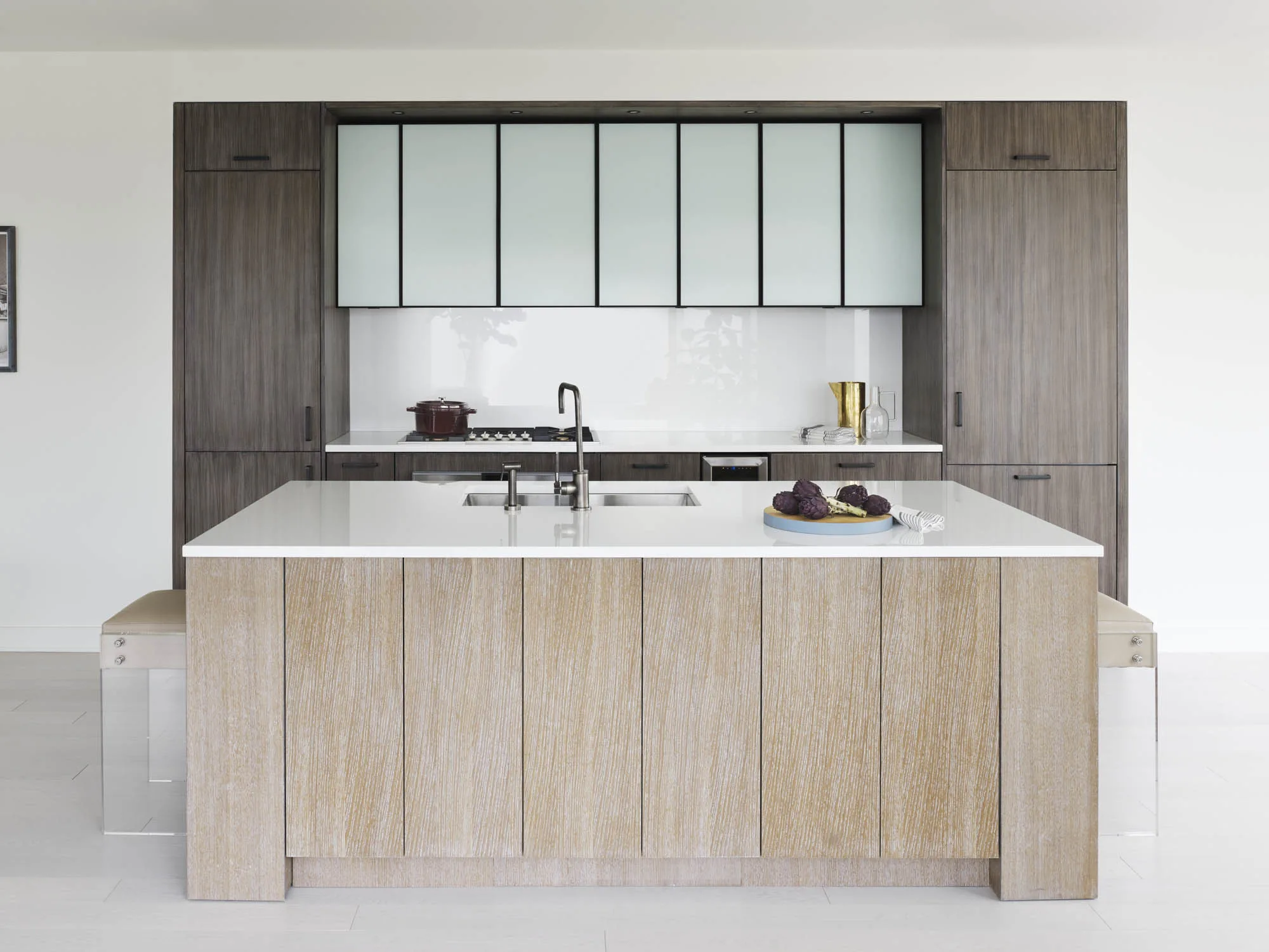 KITCHEN ISLAND, wood, dark wood cabinets, marble, stools
