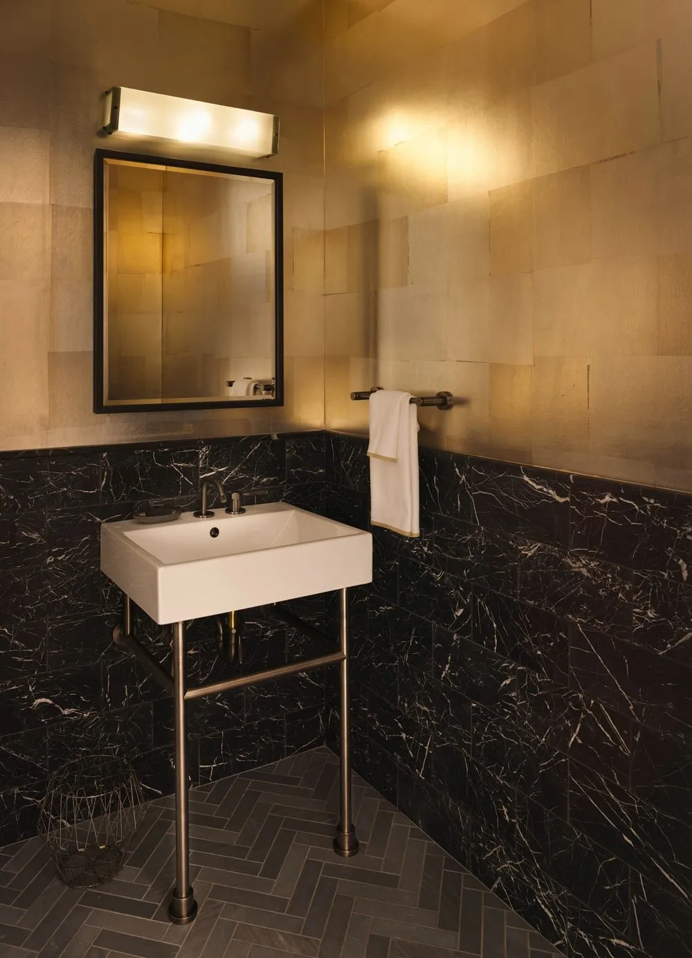 POWDER room, marble tiles, gold, ink, wall mounted lights, black, gray, beige