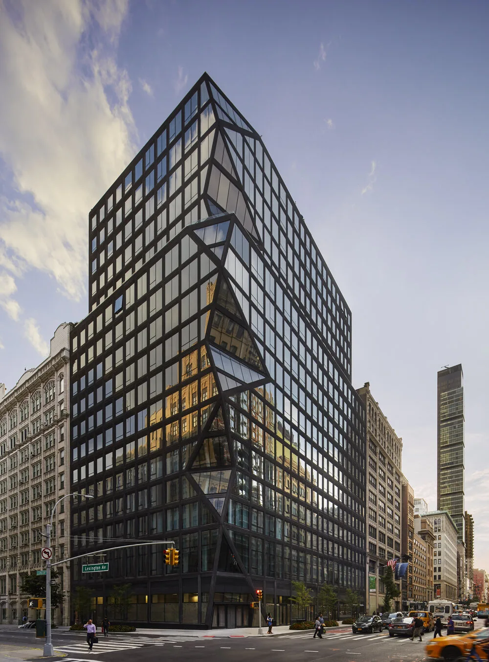 exterior, street view, glass, Manhattan, buildings, sky, traffic lights, cab, window system