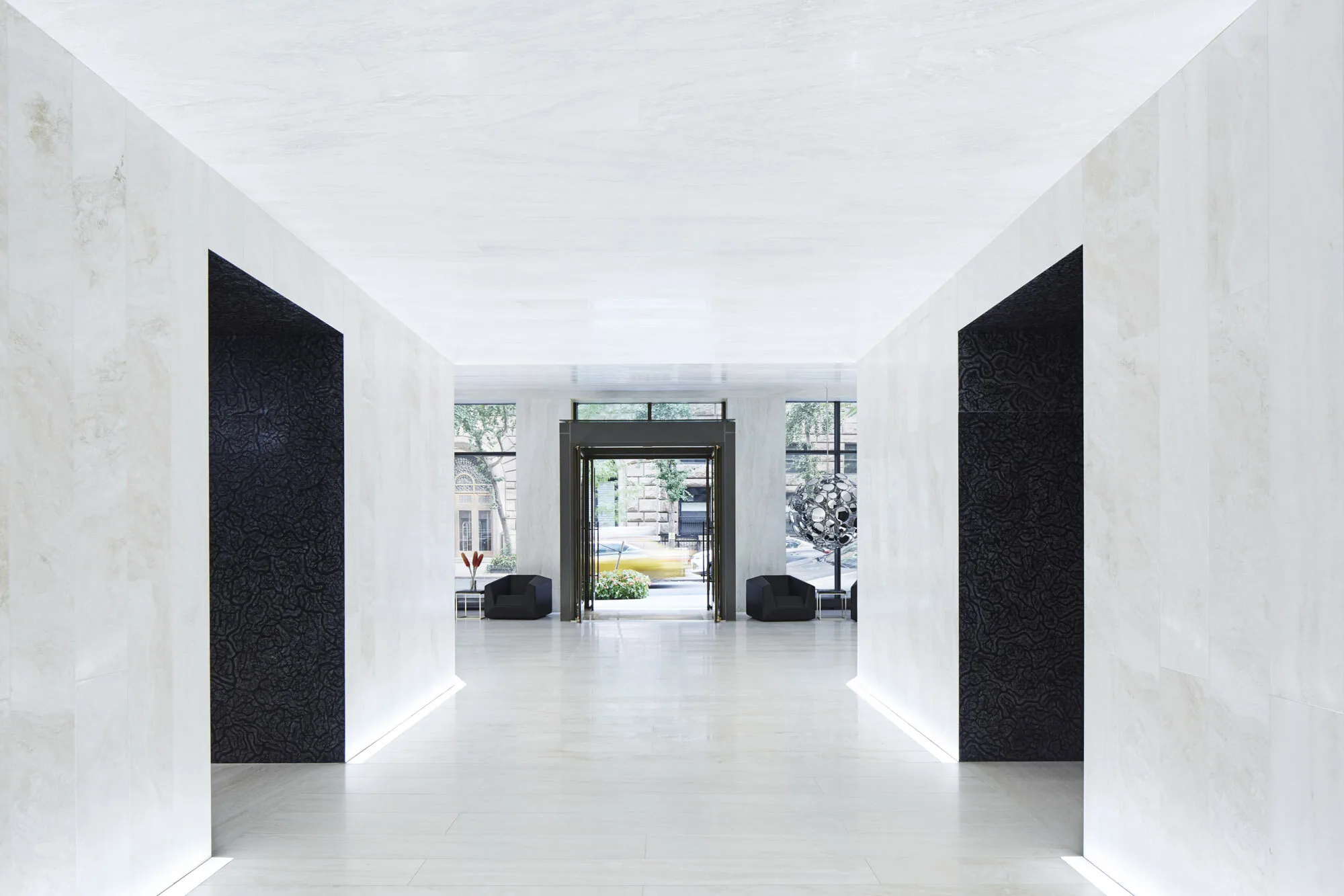 lobby, door, white,black, chairs, trees, entry,cab,concrete, tiles
