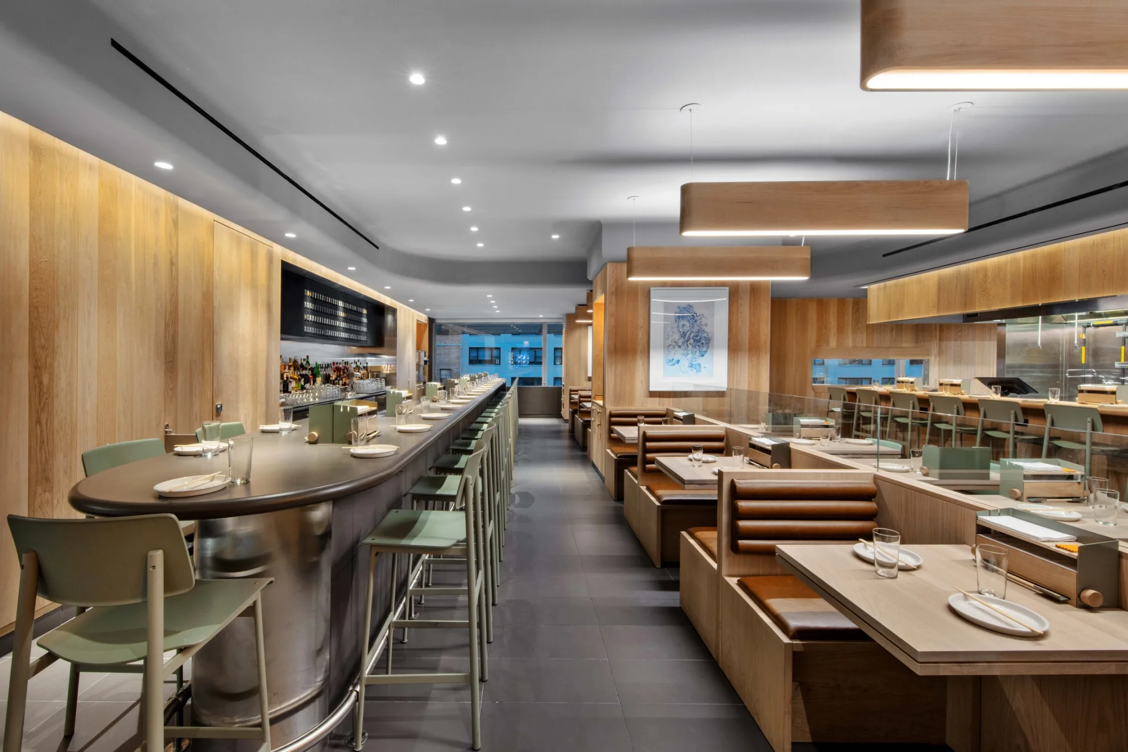 RESTAURANT, counter, boothes, green stools