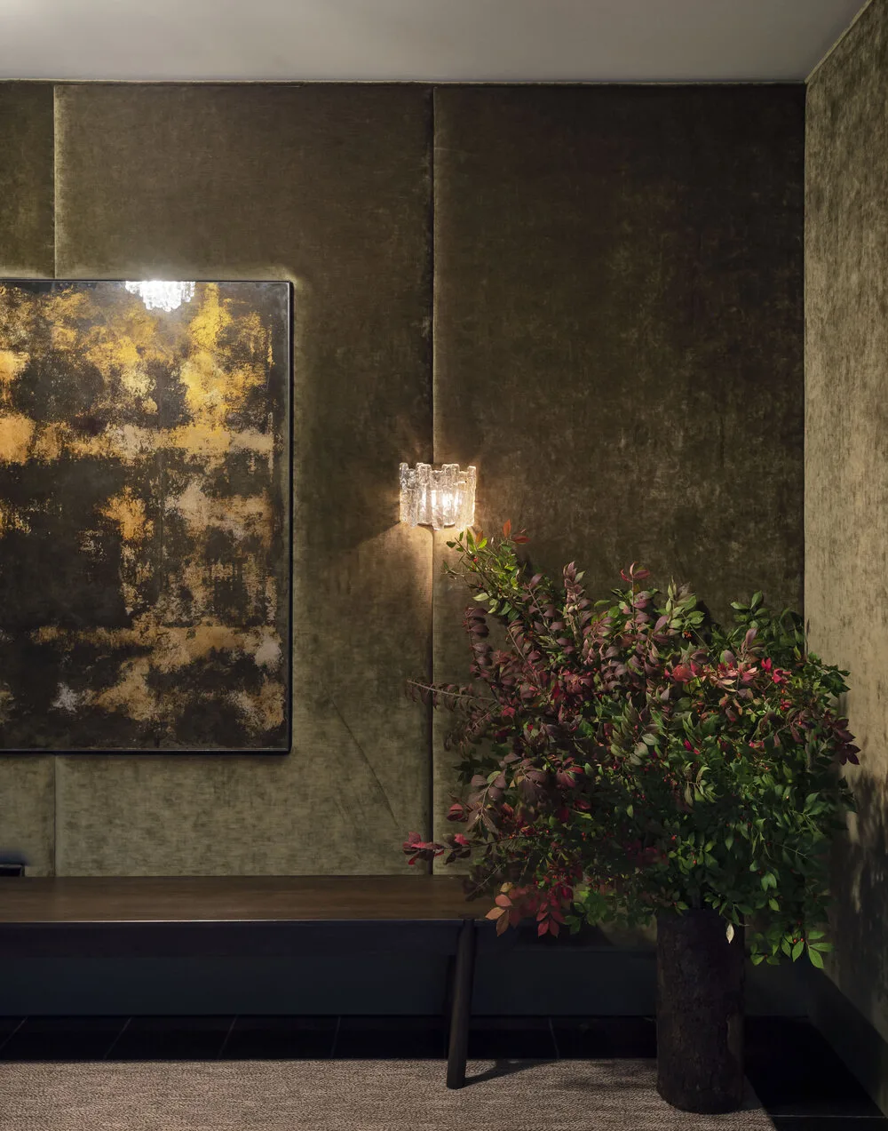 foyer, velvet walls, dark green, art
