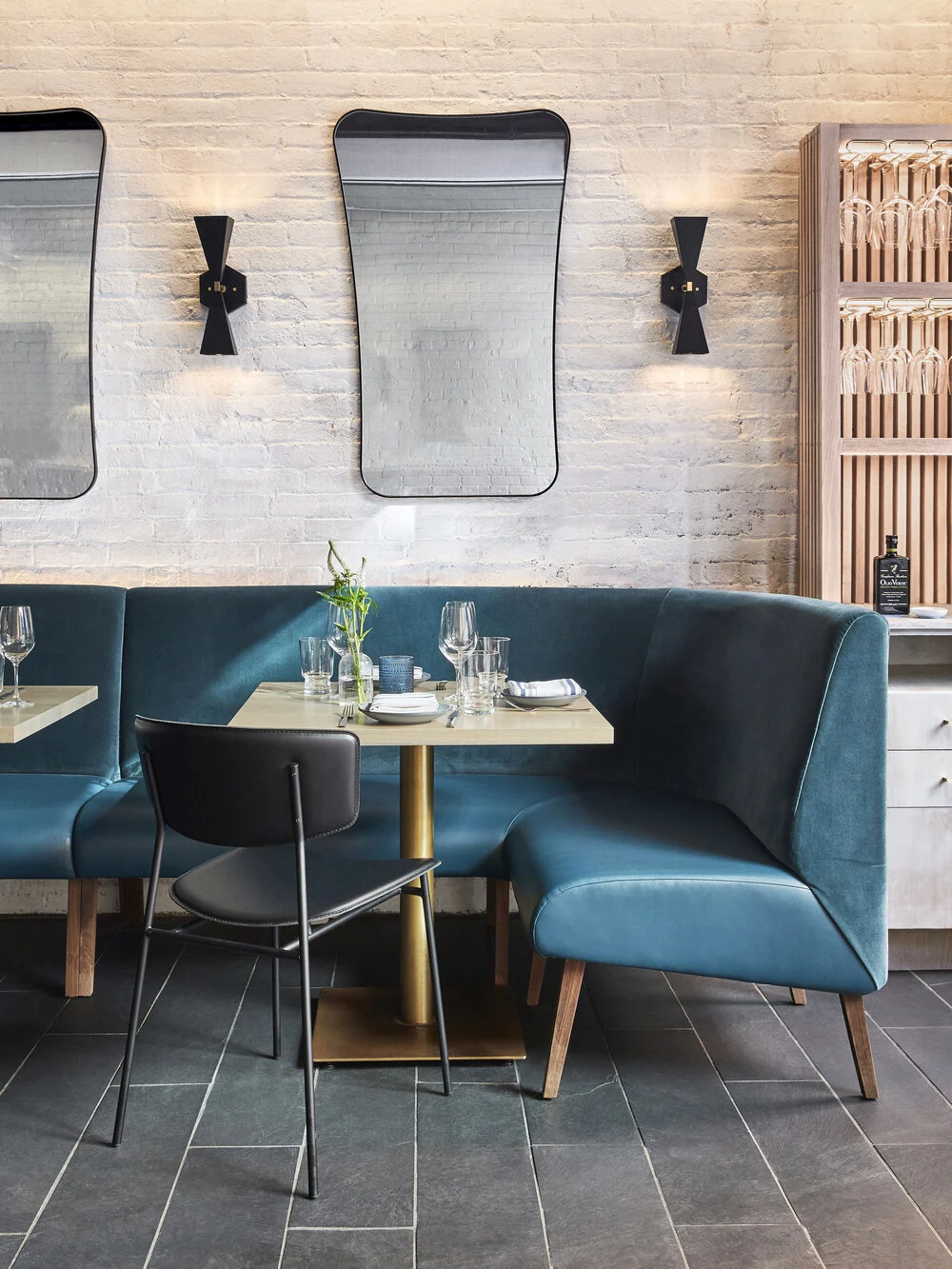 BANQUETTE, bench, mirror, sconces