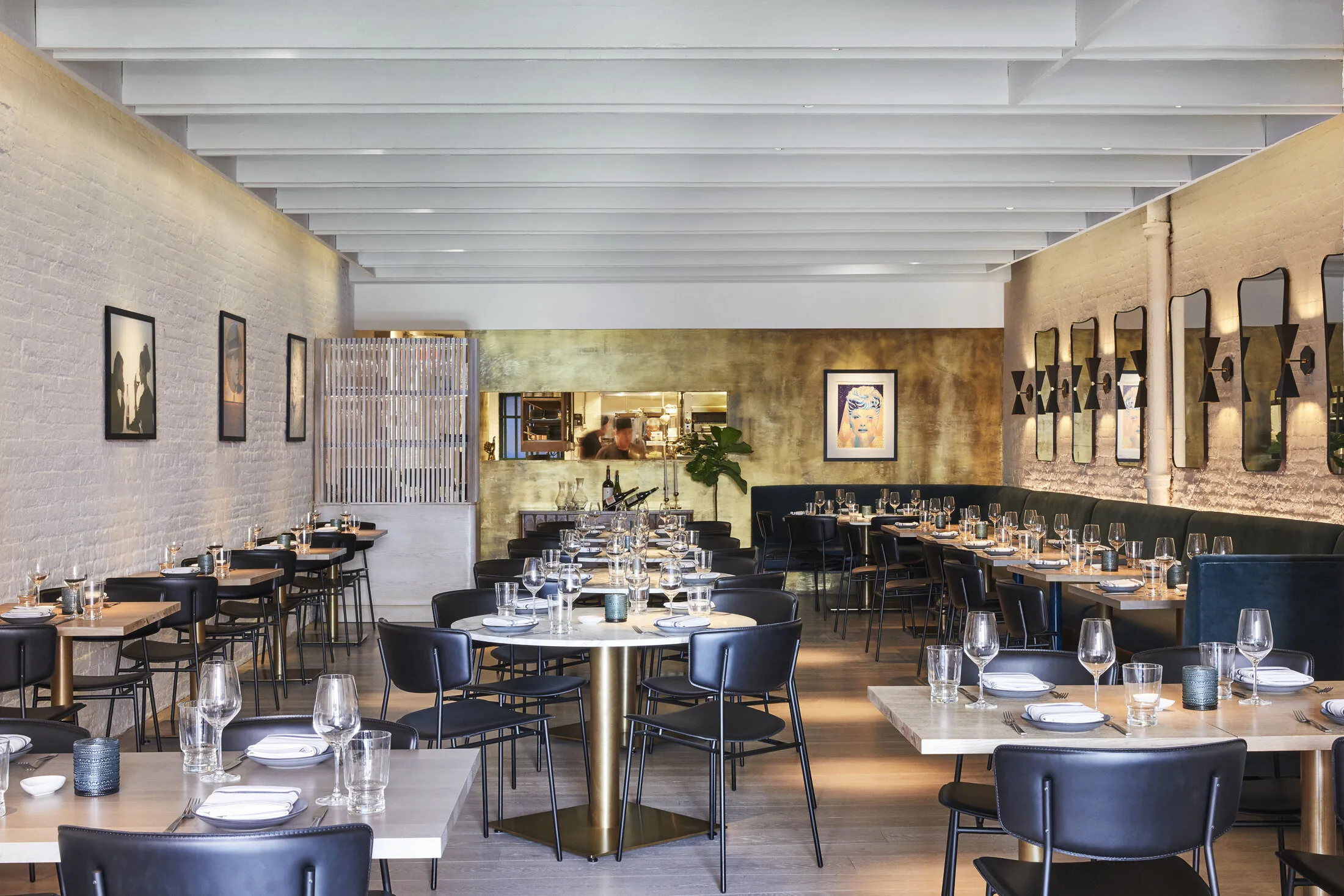 tables, restaurant, gold, mirror, brick