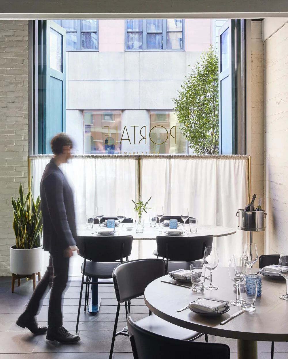 WAITER, window, tables, chairs