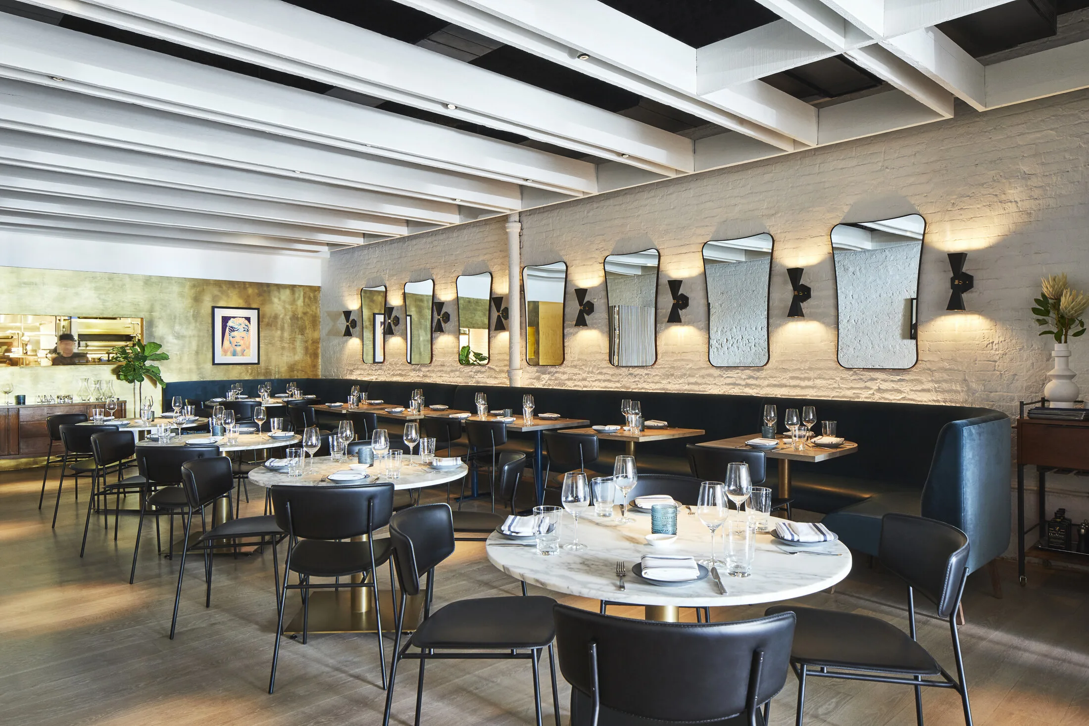 BAR, tables, mirror, beams