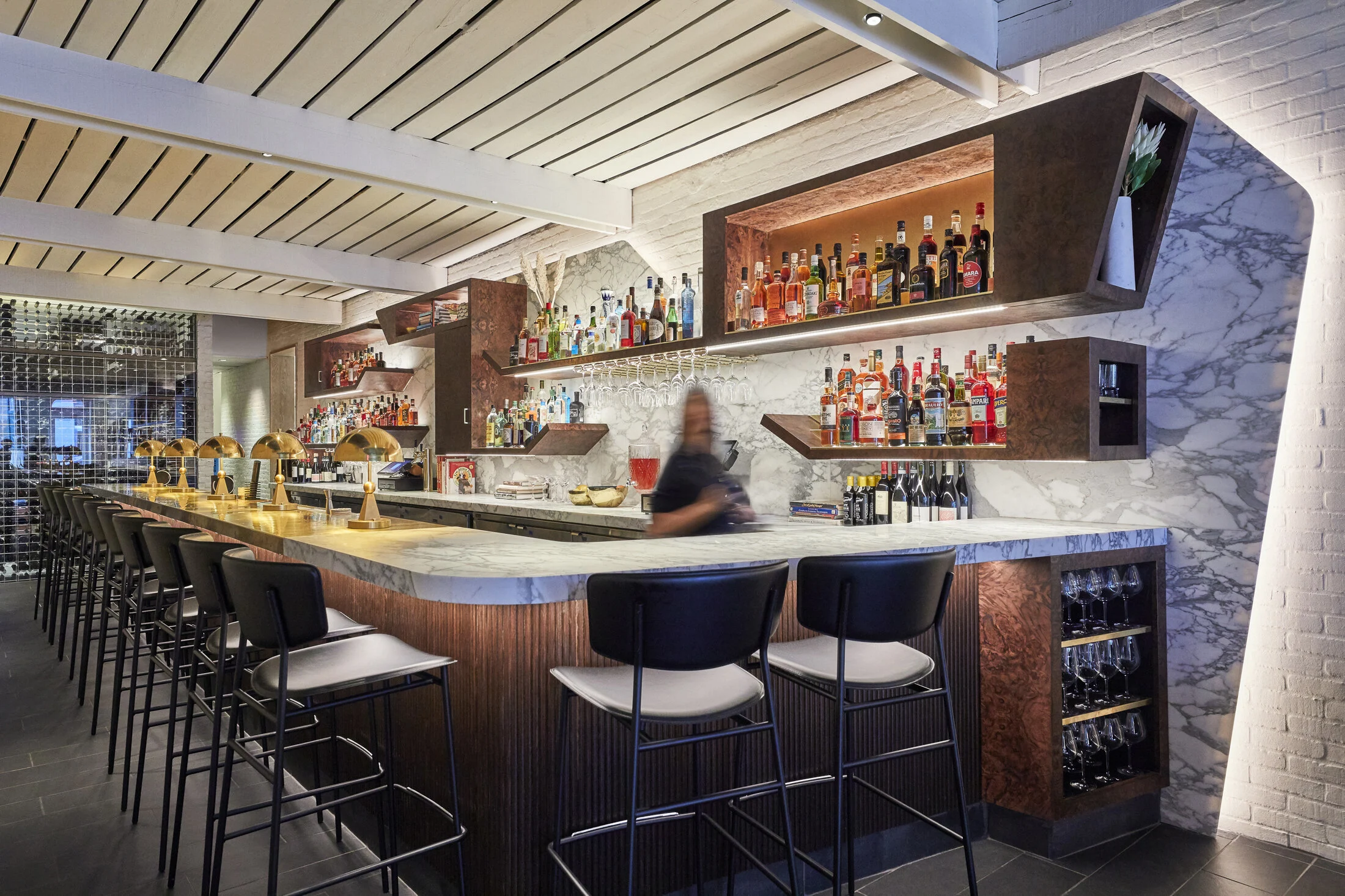 BAR, marble, brick, stools