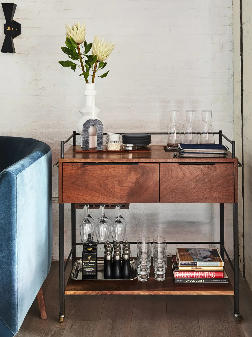 BAR CART, wood, brick, flowers
