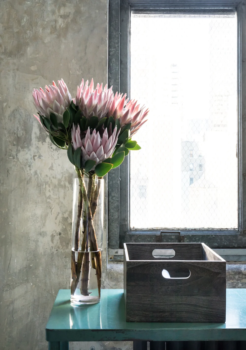 FLOWERS, concrete, side table, window