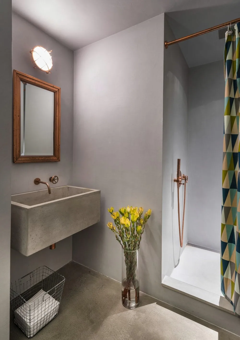 BATHROOM, concrete, shower, brass