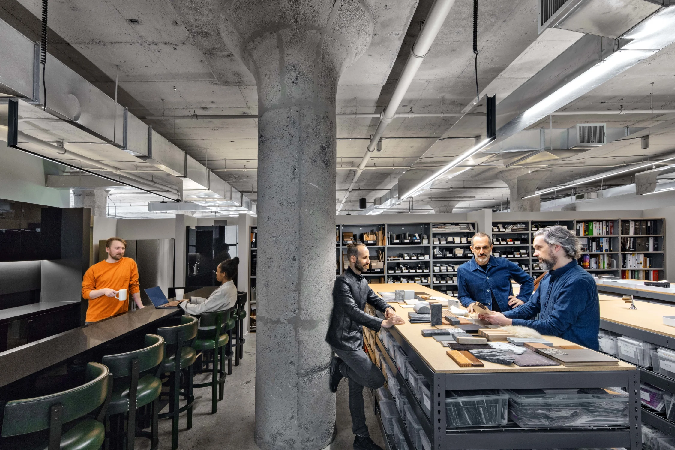 kitchen, storage, column, concrete, stools, green