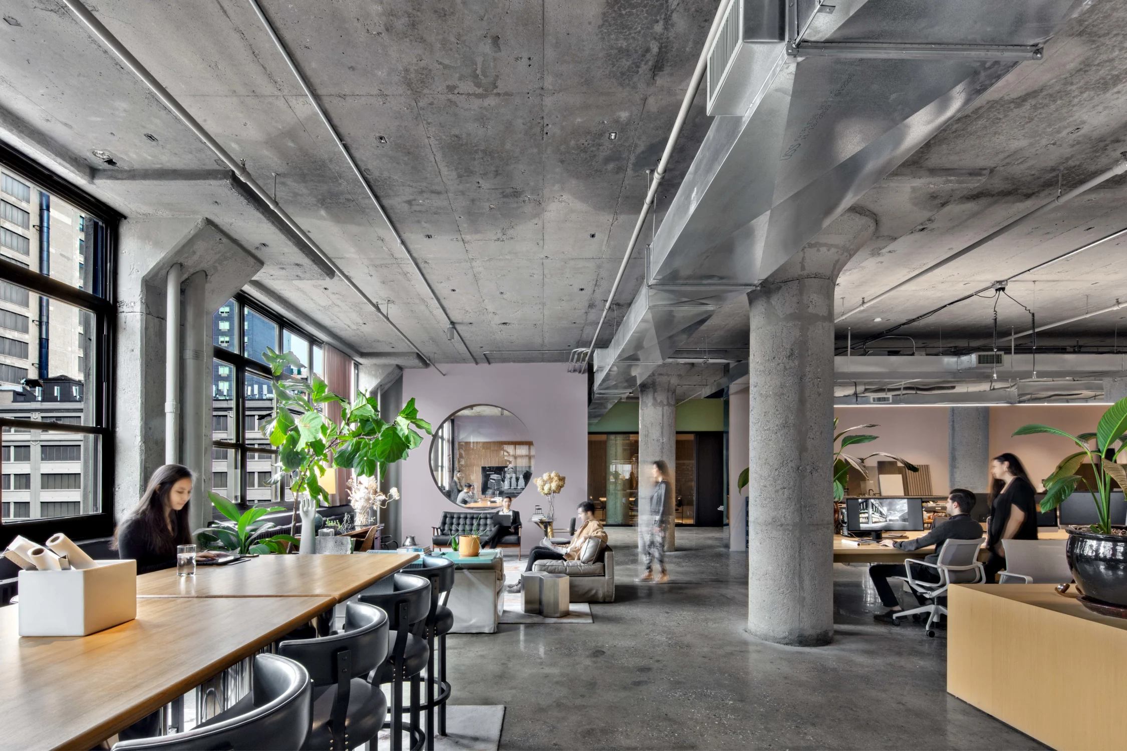 office, desks, concrete, columns, silver