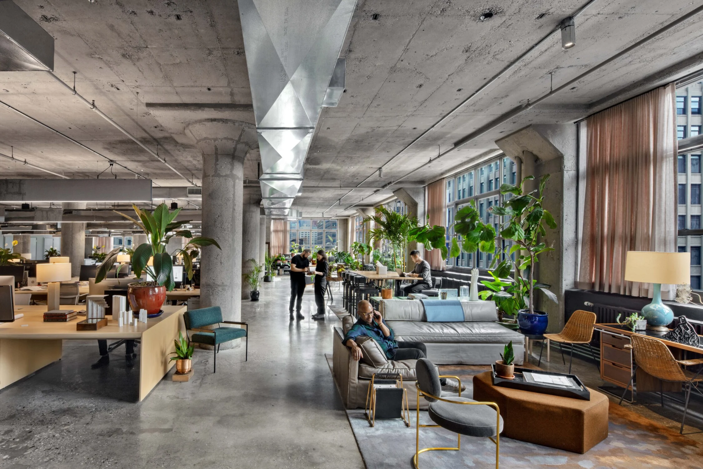 office, seating area, desks, windows, concrete