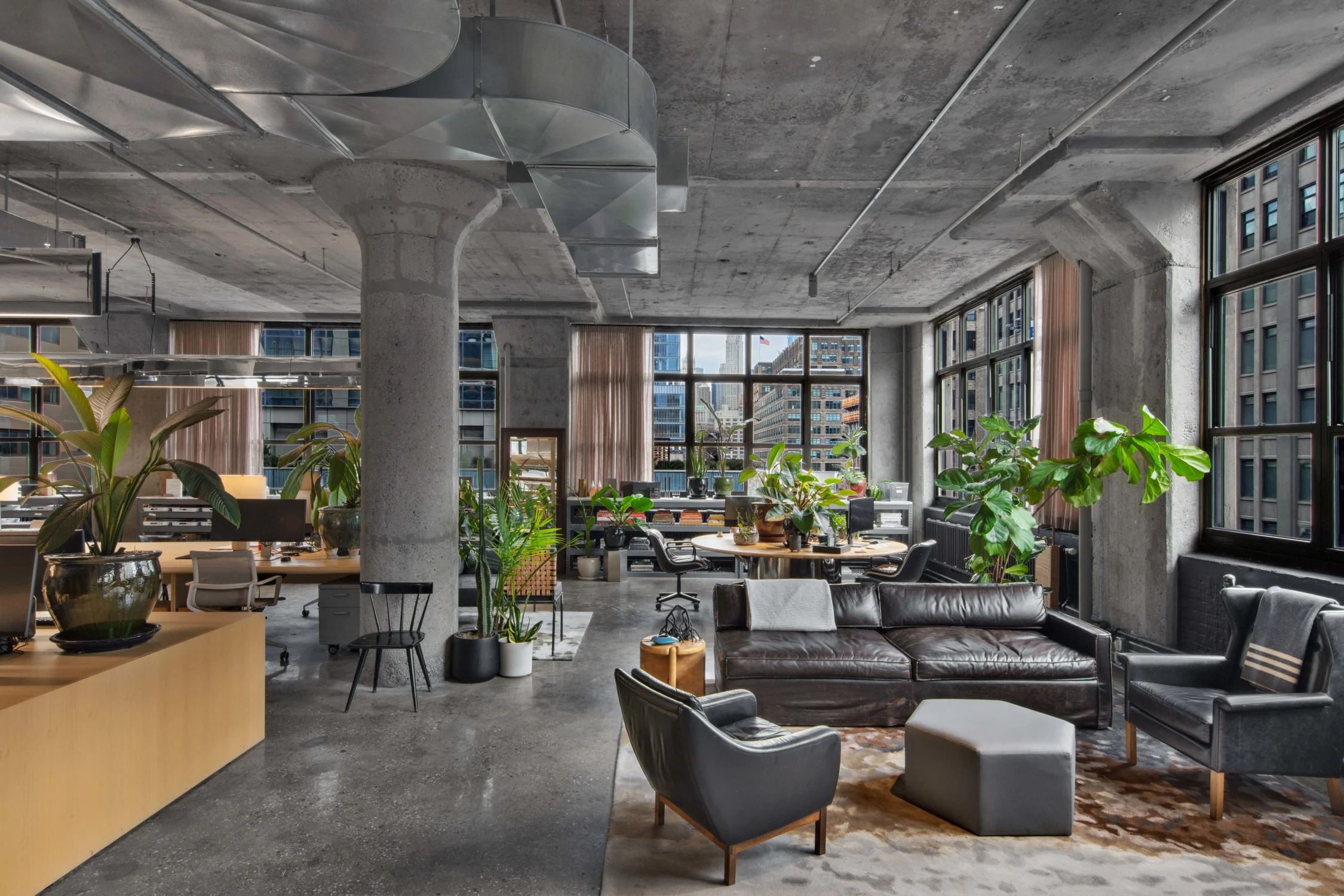 office, columns, concrete, seating area, windows