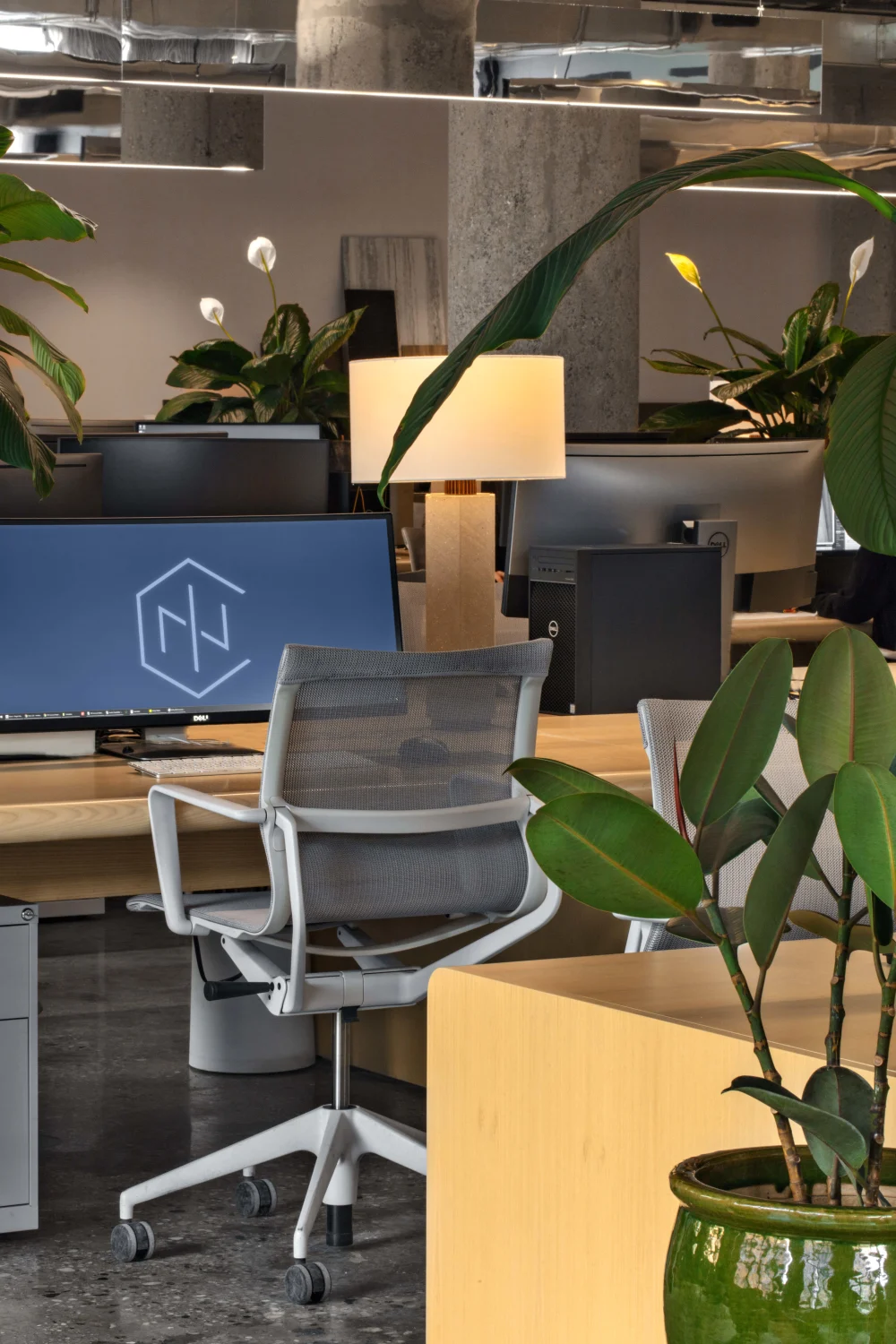 desk, computer, desk chair, lamp