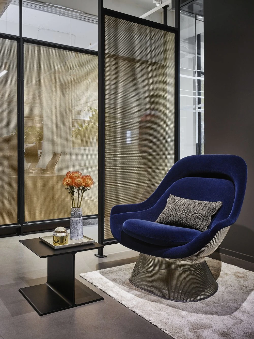CHAIR, blue, velvet, rug