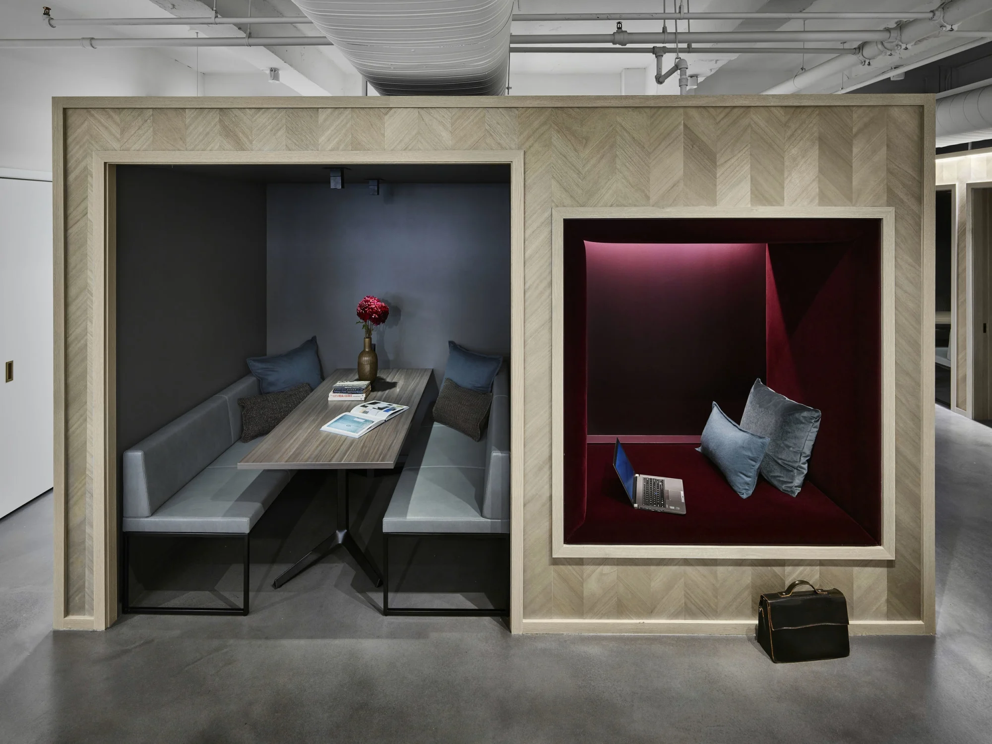 NICHES, benches, wood paneling, table
