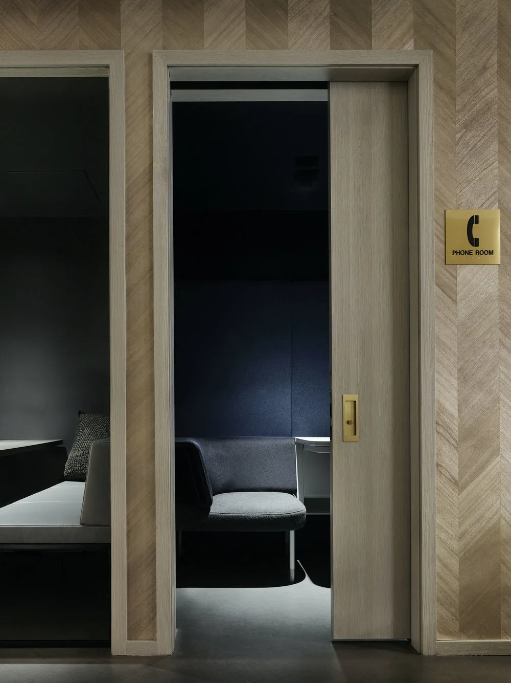 BOOTHS, phone room, wood paneling, benches