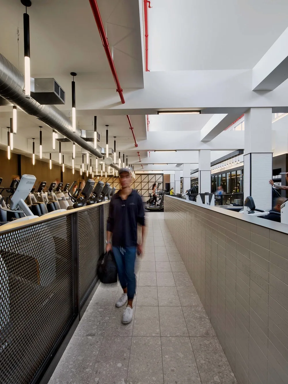 hallways, metal mesh, hanging light, tiles