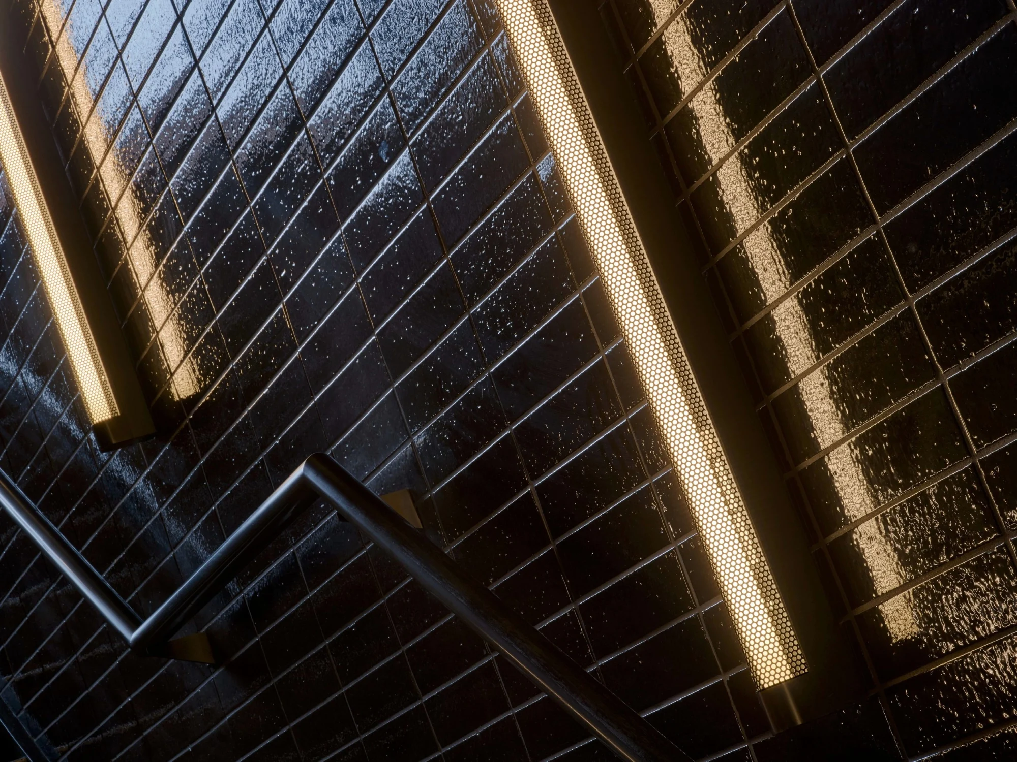 black, tiles, wall lights, railing